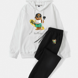 Mens Cartoon Bear Figure Printed Hoodie Cotton Preppy Two Pieces Outfits discountshub