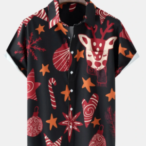 Mens Christmas Cartoon Elk Printed Button Up Short Sleeve Shirts discountshub