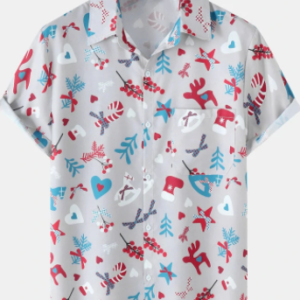 Mens Christmas Pattern Lapel Button Up Casual Short Sleeve Shirts discountshub