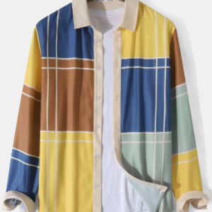 Mens Color Block Lapel Collar Button Front Preppy Long Sleeve Shirts discountshub