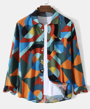 Mens Colorful Geo Pattern Button Up Casual Cotton Long Sleeve Shirts discountshub