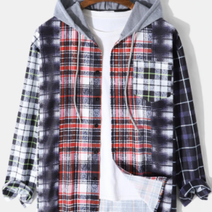 Mens Contrast Plaid Patchwork Button Up Casual Drawstring Hooded Shirts discountshub