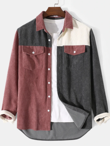 Mens Corduroy Tricolor Stitching Preppy Long Sleeve Shirts With Pocket discountshub