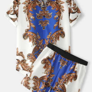 Mens European Style Baroque Print Button Up Street Two Pieces Outfits discountshub