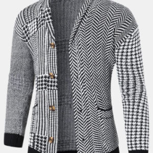Mens Houndstooth Pattern Patchwork Lapel Button Front Knit Casual Cardigans discountshub