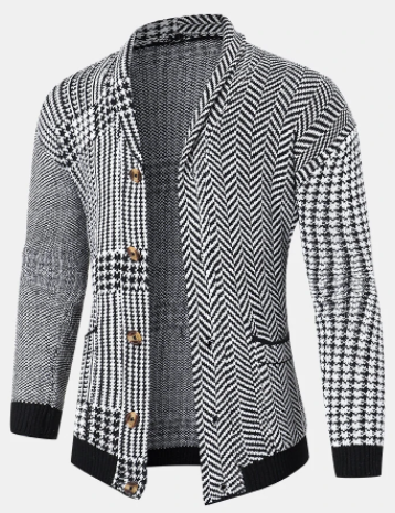 Mens Houndstooth Pattern Patchwork Lapel Button Front Knit Casual Cardigans discountshub