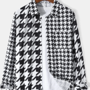 Mens Houndstooth Print Lapel Collar Button Up Casual Long Sleeve Shirts discountshub