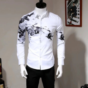 Men's Long-sleeved Shirt, Autumn Lapel Button, Youth Trend Tiger Flower Bird Digital Printing Non-iron Long-sleeved White Shirt discountshub