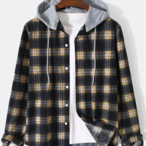 Mens Plaid Button Front Preppy Drawstring Hooded Long Sleeve Shirts discountshub