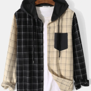 Mens Plaid Contrast Stitching Button Front Casual Drawstring Hooded Shirts discountshub