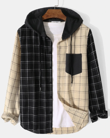 Mens Plaid Contrast Stitching Button Front Casual Drawstring Hooded Shirts discountshub