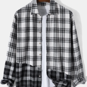 Mens Plaid Patchwork Button Up Casual Long Sleeve Shirts discountshub