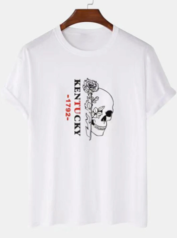 Mens Skeleton Rose Letter Print Crew Neck Street Short Sleeve T-Shirts discountshub