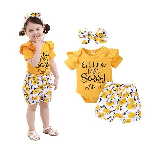 Newborn Baby Girls Outfit Letter Print Short Sleeve Bodysuit + Floral Shorts + Headband discountshub