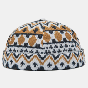 Unisex Knitted Overlay Geometric Color-block Lines Pattern Vintage Brimless Beanie Landlord Cap Skull Cap discountshub