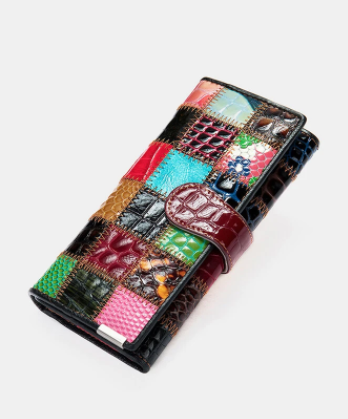 Women Genuine Leather Multicolor Patchwork Card Case Money Clips Wallet discountshub