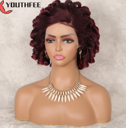 Youthfee Curly Lace Front Synthetic Wigs With Baby Hair 12" Burgundy Spring Curls Wig For Black Women Female Wave Crul Wigs discountshub