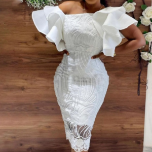 2021 Fall Fashion Midi Dress Elegant Evening Party White Dresses for Women Classy Prom High-waist Lace Ruffle Summer Clothing discountshub