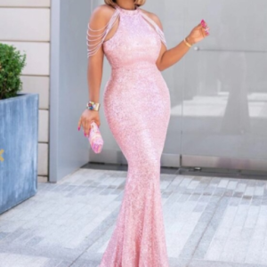 African Sequined Dresses Evening Floor Length Pink High Waist Mermaid Elegant Luxury for Wedding Party Night Dinner Long Dress discountshub