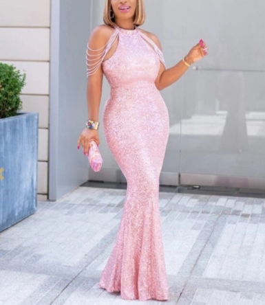 African Sequined Dresses Evening Floor Length Pink High Waist Mermaid Elegant Luxury for Wedding Party Night Dinner Long Dress discountshub