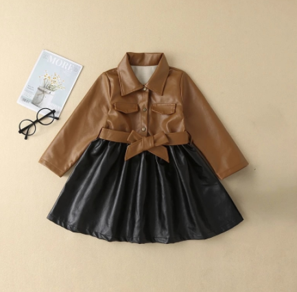 Black and Brown Colorway Children's Clothing Girls Leather Dresses Girls Faux Leather Dresses Toddler Girl Fall Clothes EY09161 discountshub