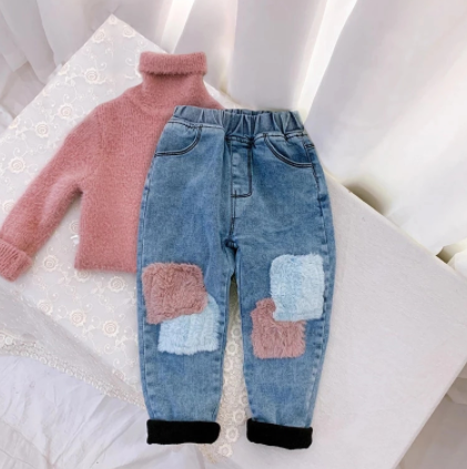 Childrens Jeans 2021 Spring Winter New Girls Plus Velvet Thick Keep Warm Pants Stitching Contrast Color Denim Trousers 2-6 Years discountshub