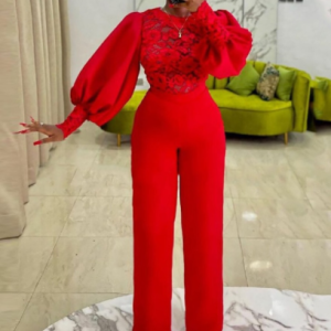 Elegant Fashion Women Jumpsuits Puffy Long Sleeve Lace Stitching See Through Wide Leg Pants Elastic Rompers Party Office Outfits discountshub