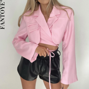 Fantoye Double Layer Lace Up Coat Blazer Slim Women Gray Long Sleeve Pocket Short Jacket Suit Collar Female Outwear Clothes 2021 discountshub