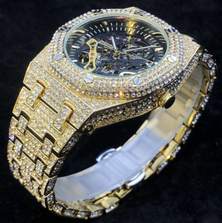 MISSFOX Full Diamond Automatic Mechanical Watches Men Luxury Steel Skeleton Watch Hip Hop Iced Out Tourbillon Wristwatch Gift discountshub