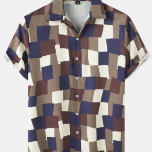 Mens All Over Abstract Check Print Button Up Preppy Short Sleeve Shirts discountshub