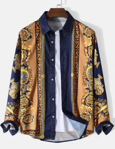 Mens Baroque Style Print Button Up Long Sleeve Shirts discountshub
