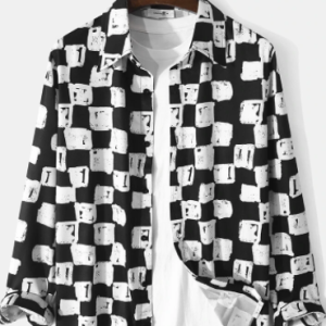 Mens Checkered Print Lapel Button Up Casual Long Sleeve Shirts discountshub