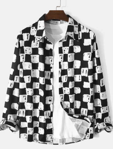Mens Checkered Print Lapel Button Up Casual Long Sleeve Shirts discountshub