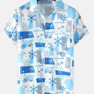 Mens Christmas Snowflake Geo Print Button Up Short Sleeve Shirts discountshub