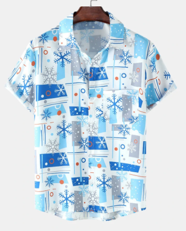 Mens Christmas Snowflake Geo Print Button Up Short Sleeve Shirts discountshub