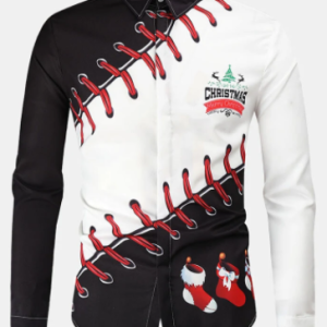 Mens Christmas Sock Santa Print Contrast Lapel Holiday Long Sleeve Shirts discountshub