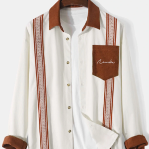 Mens Ethnic Geometric Ribbon Button Up 100% Cotton Long Sleeve Shirts discountshub