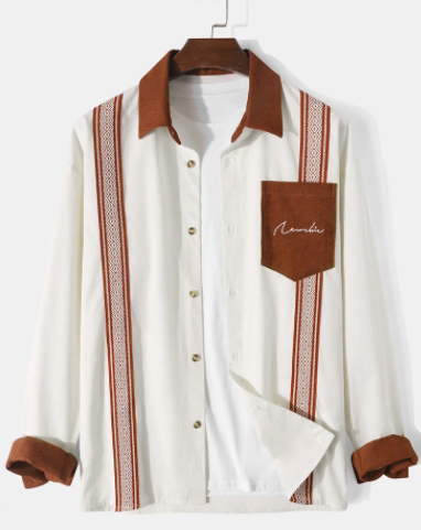 Mens Ethnic Geometric Ribbon Button Up 100% Cotton Long Sleeve Shirts discountshub