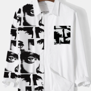 Mens Figure Face Print Lapel Button Up Street Long Sleeve Shirts discountshub