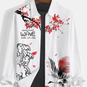 Mens Floral Crane Landscape Print Japanese Style Button Long Sleeve Shirts discountshub