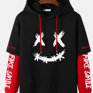 Mens Grimace Letter Print Faux Two Pieces Street Drawstring Hoodies discountshub