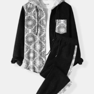 Mens Paisley Print Patchwork Button Up Hooded Corduroy Two Pieces Outfits discountshub