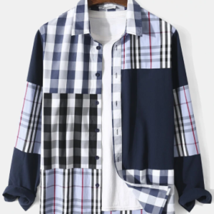Mens Plaid Colorblock Stitching Button Up Cotton Casual Long Sleeve Shirts discountshub