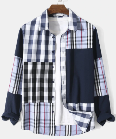 Mens Plaid Colorblock Stitching Button Up Cotton Casual Long Sleeve Shirts discountshub