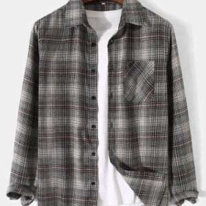 Mens Plaid Lapel Button Up Casual Long Sleeve Shirts With Pocket discountshub