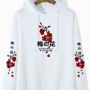 Mens Plum Bossom Sleeve Print Drop Shoulder Overhead Drawstring Hoodies discountshub
