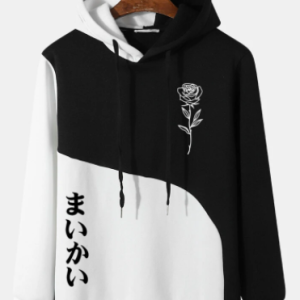 Mens Rose Japanese Character Print Contrast Patchwork Drawstring Hoodies discountshub