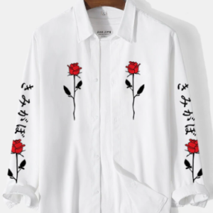 Mens Rose Japanese Print Lapel Collar Button Up Casual Shirts discountshub