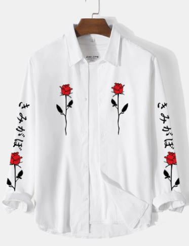 Mens Rose Japanese Print Lapel Collar Button Up Casual Shirts discountshub