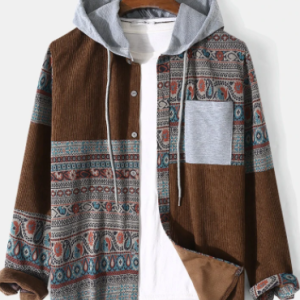 Mens Vintage Paisley Pattern Patchwork Corduroy Long Sleeve Hooded Shirts discountshub